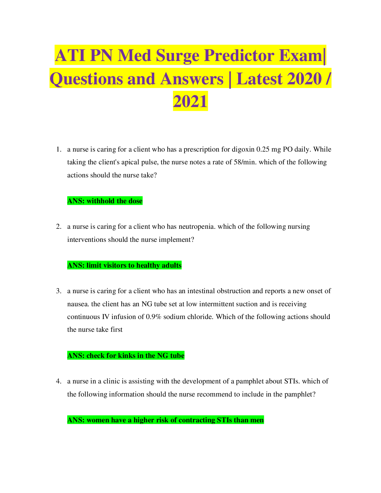 Preview of ATI PN Med Surge Predictor Exam| Questions and Answers